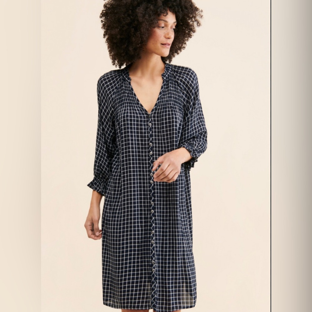 Maeve Anthropologie Sara Navy Blue Windowpane Plaid Tie Waist Dress Size XXS